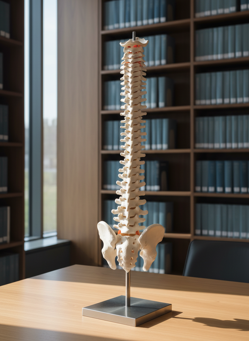 Una elegante columna vertebral anatómica de tamaño completo en resina marfil con detalles precisos en cada vértebra, discos y apófisis, montada sobre una base metálica cepillada. Está situada en el centro de una mesa de madera clara dentro de una biblioteca académica de quiropráctica, rodeada de estanterías minimalistas llenas de libros científicos de tapas sobrias sin texto legible. Luz natural suave de tarde entra por amplios ventanales, creando reflejos delicados sobre la resina y sombras finas sobre la mesa. Composición fotográfica realista a nivel de mesa, con profundidad de campo media que mantiene nítida la columna y suaviza el fondo, transmitiendo una atmósfera sofisticada, serena y rigurosamente académica.