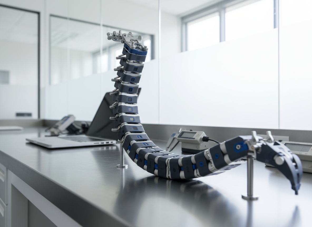 Una mesa de trabajo de laboratorio biomecánico con superficie metálica satinada, sobre la cual se dispone una estructura mecánica que simula la curvatura de la columna: segmentos modulares metálicos unidos por articulaciones precisas, sensores discretos y marcadores de referencia en colores sobrios. A los lados, instrumentos de medición digital sin marcas comerciales y una computadora portátil cerrada de diseño minimalista. El entorno es un laboratorio luminoso, con paredes blancas y paneles de vidrio que dejan entrar luz de día muy difusa. Fotografía en estilo realista desde un ángulo bajo, resaltando la longitud de la estructura y su complejidad técnica, con fondo ligeramente desenfocado, evocando investigación avanzada en ciencia quiropráctica y análisis del movimiento.