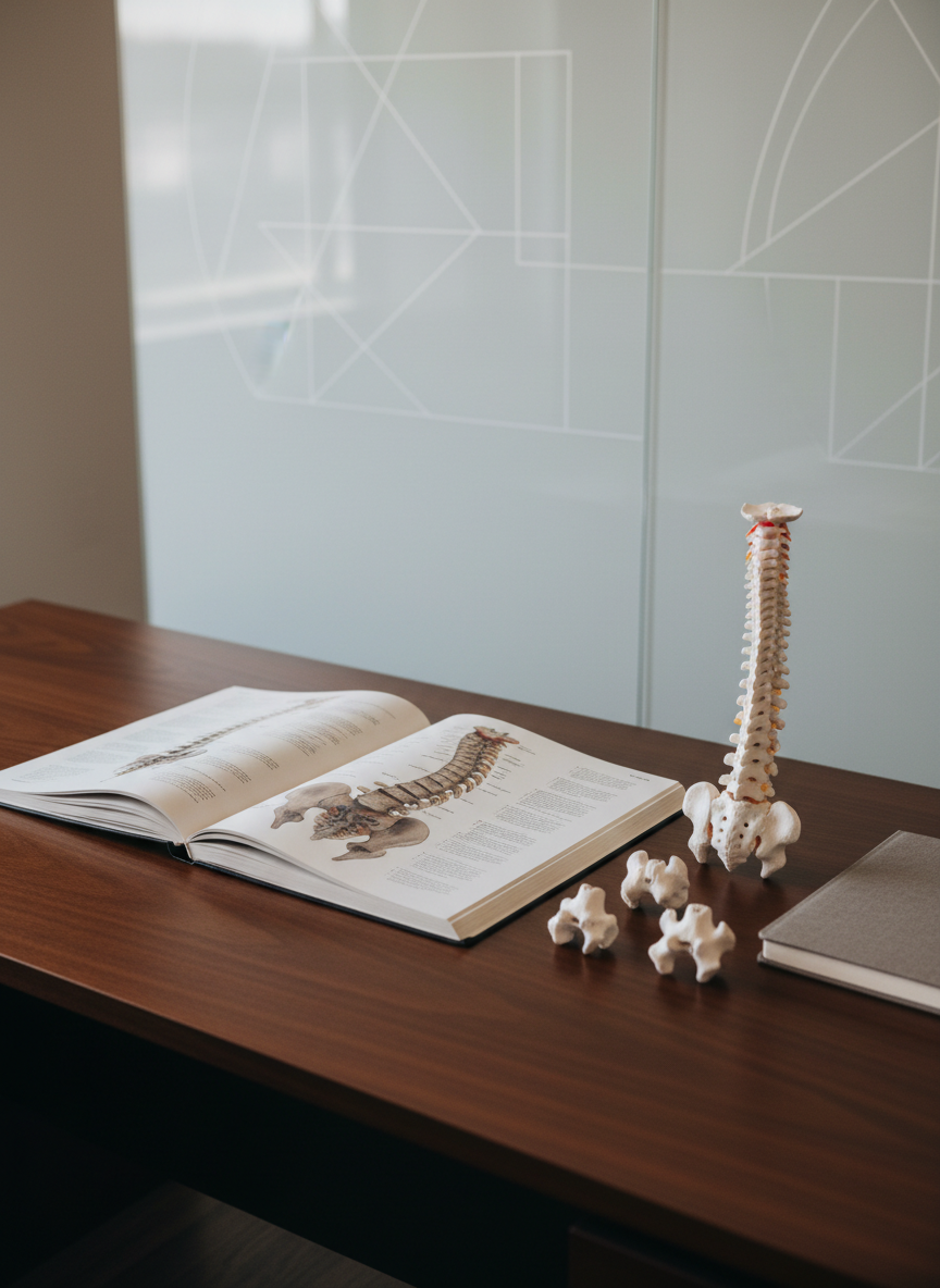 Un escritorio académico amplio de madera oscura, perfectamente ordenado, con un atlas de anatomía de la columna abierto en una ilustración detallada en tonos neutros, junto a modelos pequeños de vértebras en resina blanca y un cuaderno de notas de tapa rígida sin texto. Al fondo, una pizarra de vidrio translúcido con esquemas geométricos y curvas que evocan el movimiento espinal, sin letras reconocibles. Iluminación de estudio suave y difusa desde arriba y un lado, generando un ambiente contemplativo y profesional. Fotografía desde un ángulo ligeramente elevado, siguiendo la regla de los tercios, con enfoque nítido en el atlas y los modelos, y un entorno limpio y moderno que sugiere estudio profundo de la quiropráctica.