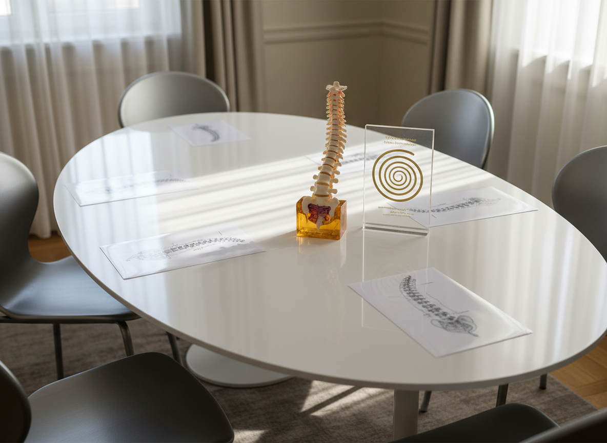 Una sala de seminarios pequeña y sofisticada, con una mesa ovalada blanca en el centro y varias sillas vacías de diseño contemporáneo en tonos gris perla. Sobre la mesa, un conjunto de láminas plastificadas sin texto visible que muestran imágenes anatómicas estilizadas de la columna, un modelo seccionado de vértebras en resina traslúcida y un metacrilato vertical con una espiral abstracta dorada que simboliza la conexión entre filosofía, ciencia y arte en quiropráctica. Luz natural lateral filtrada por cortinas claras crea sombras suaves y elegantes. Composición fotográfica a la altura de la mesa, con enfoque selectivo en los elementos centrales y ambiente calmo y profesional, ideal para un taller académico avanzado.