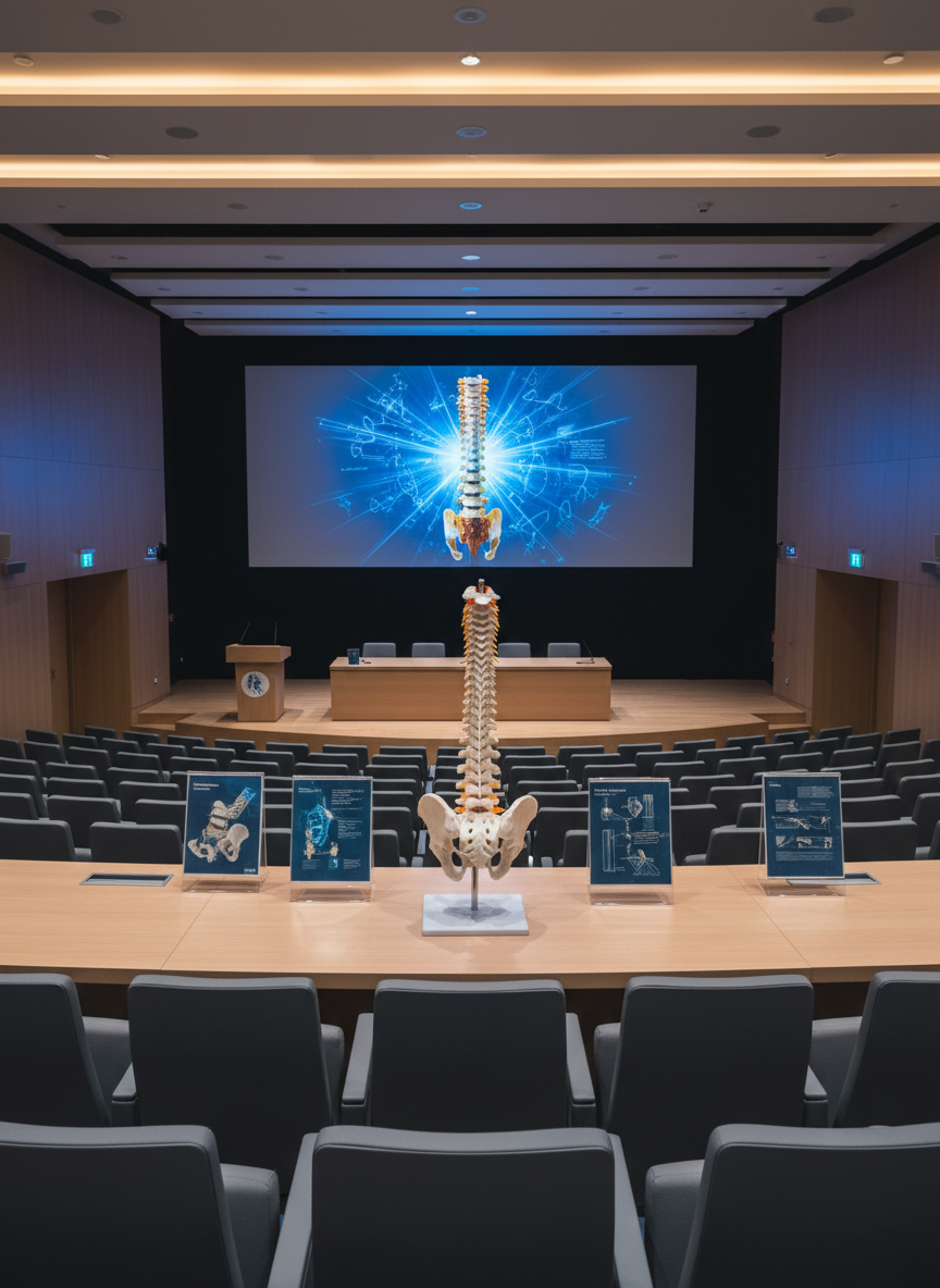 Un auditorio universitario moderno vacío, con filas de butacas tapizadas en tonos gris grafito y una gran mesa frontal de madera clara sobre una tarima. Sobre la mesa, un modelo articulado de columna y pelvis en resina marfil y varios soportes acrílicos con placas transparentes que muestran esquemas abstractos de biomecánica sin texto. Una pantalla de proyección al fondo exhibe una visualización científica estilizada de la columna en tonos azules y dorados. Iluminación cálida indirecta desde el techo combinada con el brillo frío de la pantalla crea un contraste sofisticado. Toma fotográfica en gran angular desde el fondo del auditorio, con nitidez total, transmitiendo ambiente académico, institucional y de alto nivel científico en quiropráctica.